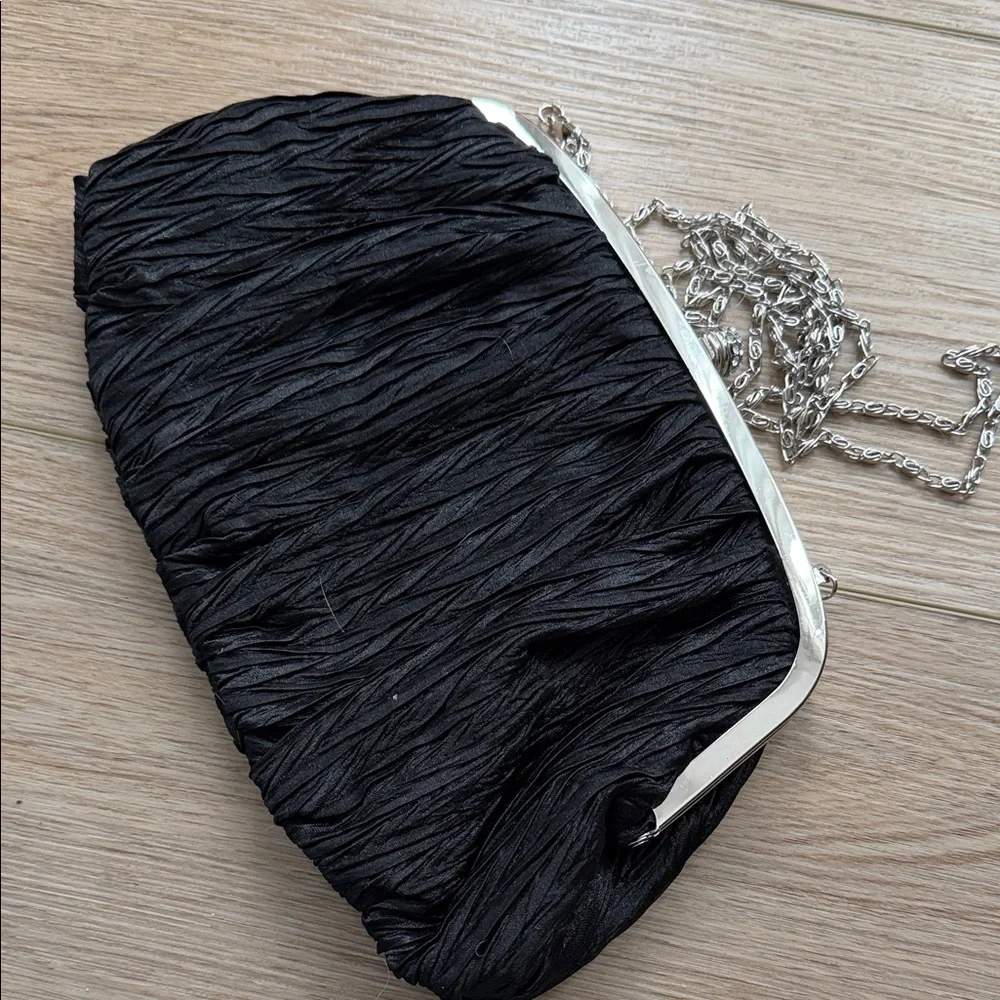 Neiman Marcus Elegant Black Evening Clutch with Silver Chain